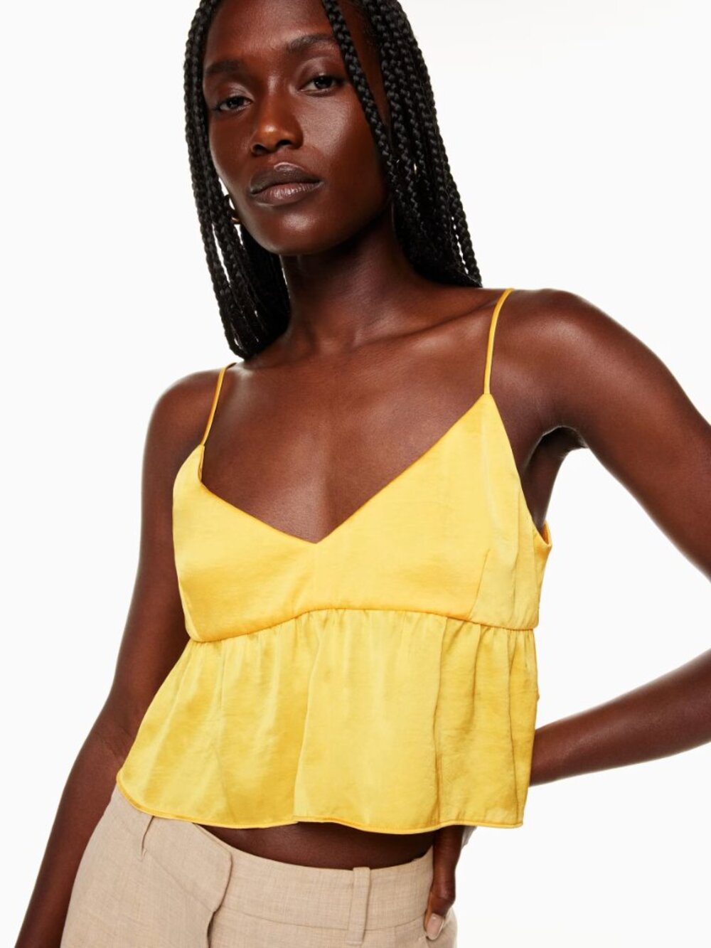 Aritzia LITTLE MOON Lover Gold Yellow Satin Cropped Peplum Tank Top, Size S - Picture 14 of 16